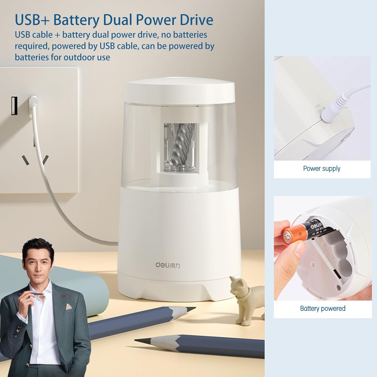 Deli Electric Pencil Sharpener showing USB cable connection and battery installation