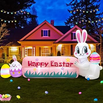 8FT Easter Inflatables Bunny Outdoor Decoration with Happy Easter Banner, Built in LED Lights Blow Up Yard Decoration for Lawn Garden Holiday Party