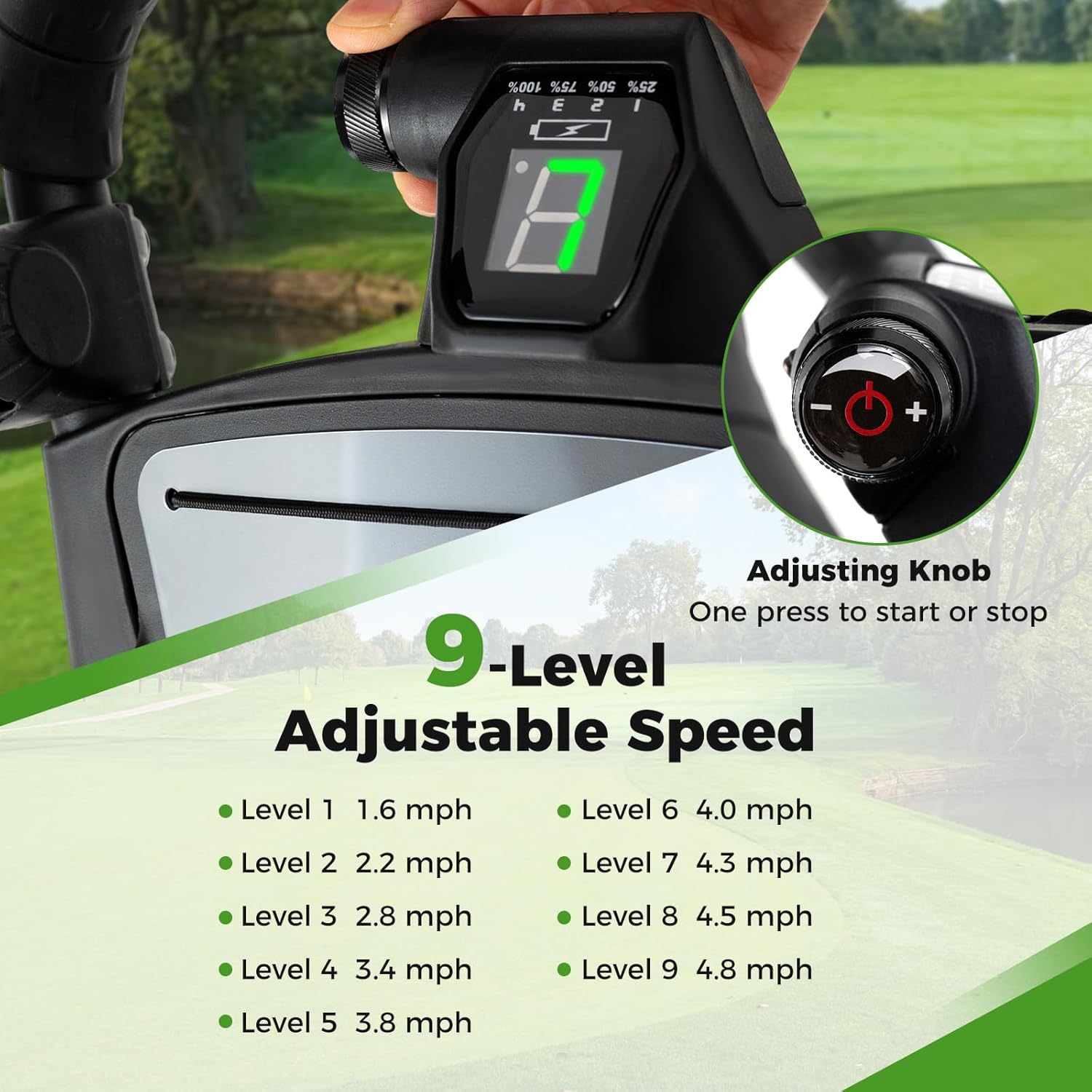 ULTIMATE Electric Golf Push Cart, 3-Wheel Foldable Golf Bag Cart w/9-Level Speed Settings, Adjustable Handle, Umbrella Holder, Cup Holder, Scorecard Holder, Cooler Bag & USB Charging Port, Black
