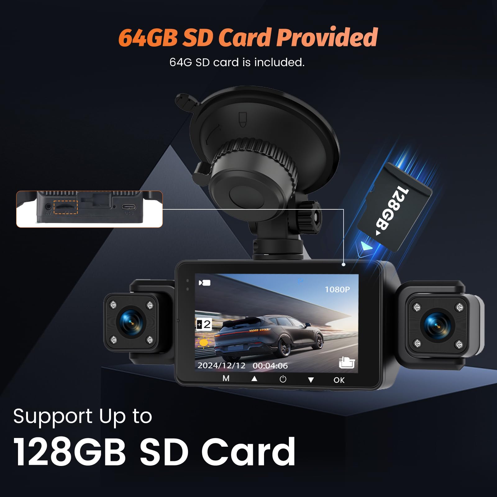 Roinvou 4K+1080P Dash CAM Coche, 5GHz WiFi Dashcam con Tarjeta SD 64GB, Camara Vigilancia Coche con 3″ IPS Pantalla, 170° Gran Angular, Grabación en Bucle, Sensor G,Visión Nocturna