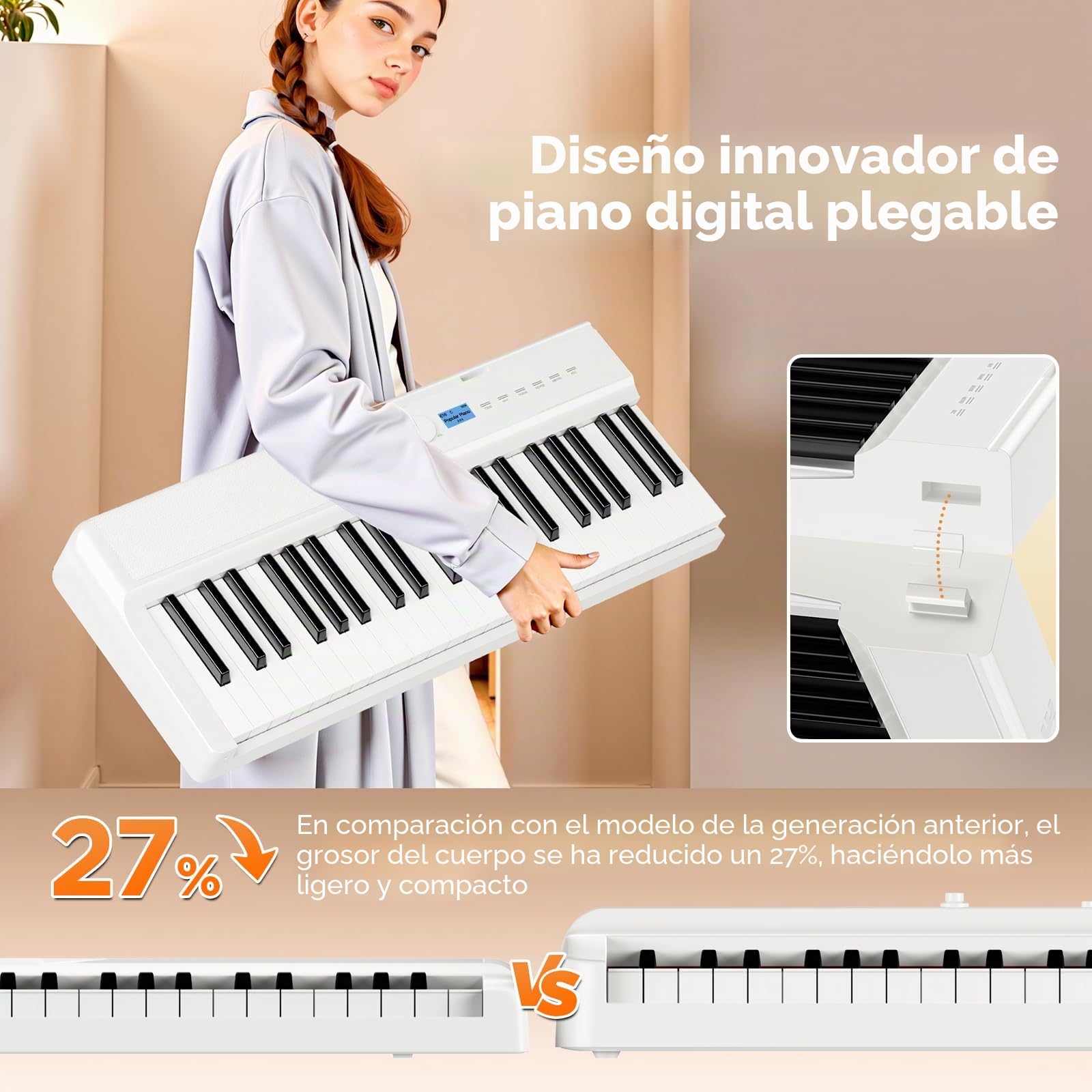 TERENCE Piano digital de 88 teclas, altavoz de 30 W, tecnología AR, sistema de sonido plegable, piano electrónico, 4 efectos de reverberación, sensor espejo, panel táctil, interfaces MIDI color blanco