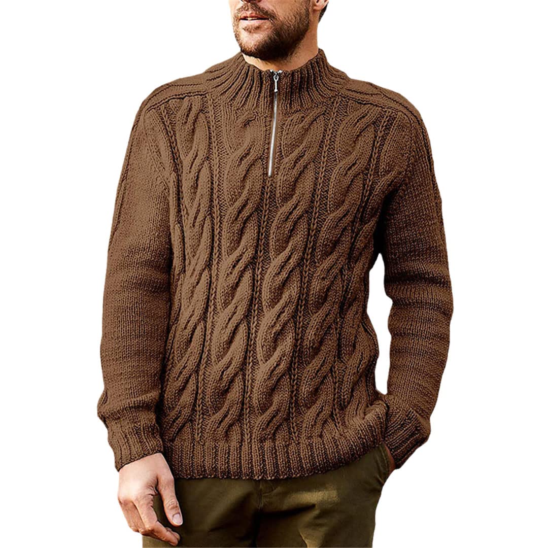 Vogrtcc Pull vintage en tricot à col rond et fermeture éclair de couleur unie pour homme, Nfz247 Brown, M