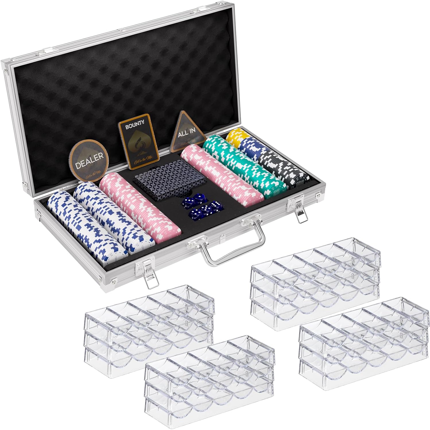 300Pcs Poker with Aluminum Case Chips & Acrylic Poker Chip Tray Rack