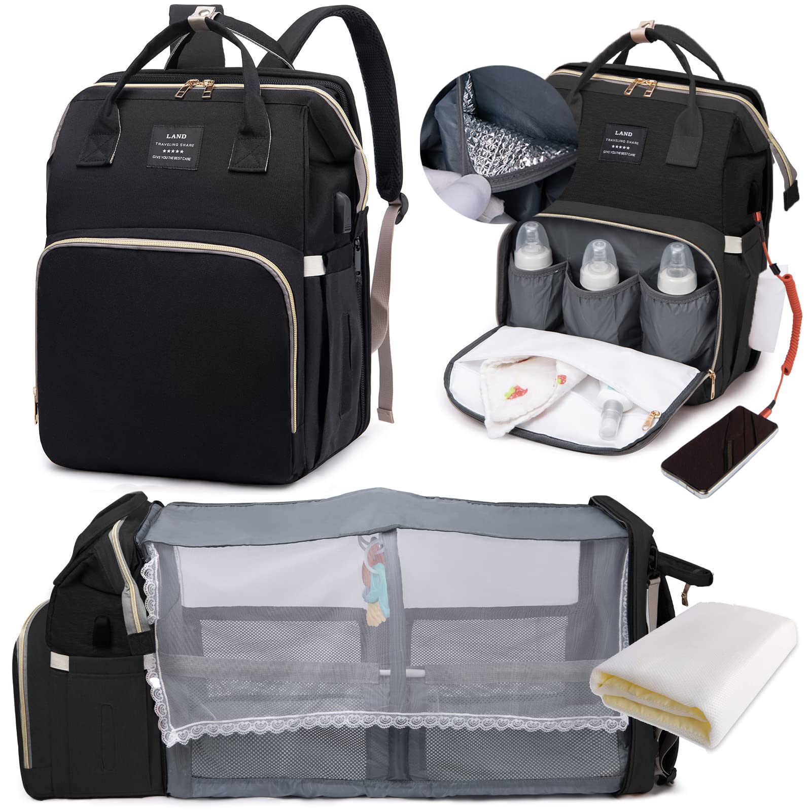LEcylankEr Wickelrucksack mit Babybett - Große Wickeltasche Rucksack mit Wickelauflage & Isoliertasche & Moskitonetz & USB-Ladeanschluss (Schwarz)