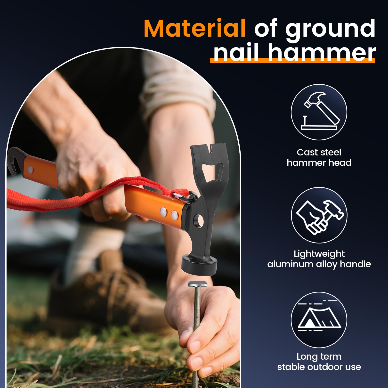 Camping Hammer Zelthammer mit Heringsauszieher Handschlaufe Robuster Zelt Hering Hammer für Zelt, Hartboden, Outdoor(Orange)