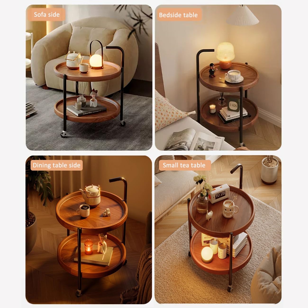 Brązowy okrągły stolik kawowy na kółkach 2-poziomowy wózek do salonu i kuchni mała sofa / meble nocne 50 cm przenośna konstrukcja