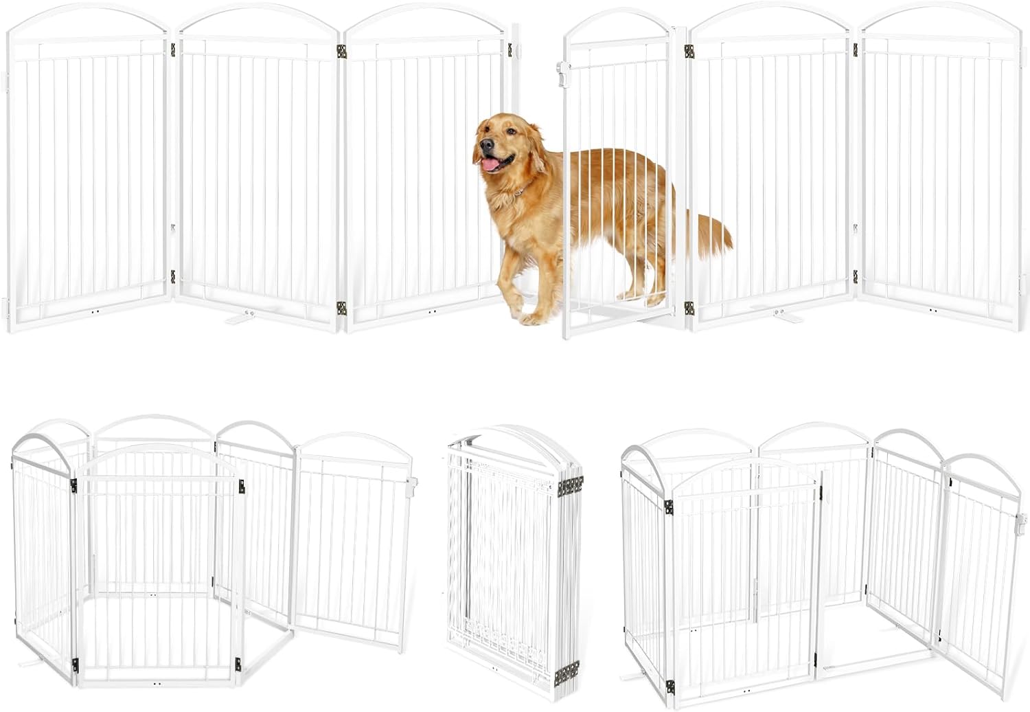Full Metal Free Standing Dog Gate with Door for Indoor Outdoor, 144'' Extra Wide 36'' Tall Dog Gate for Doorways,Large Openings,Decks,Freestanding Portable Pet Fence(6 Panels,White) White ?6 Panels with Door? 36''H*144''W