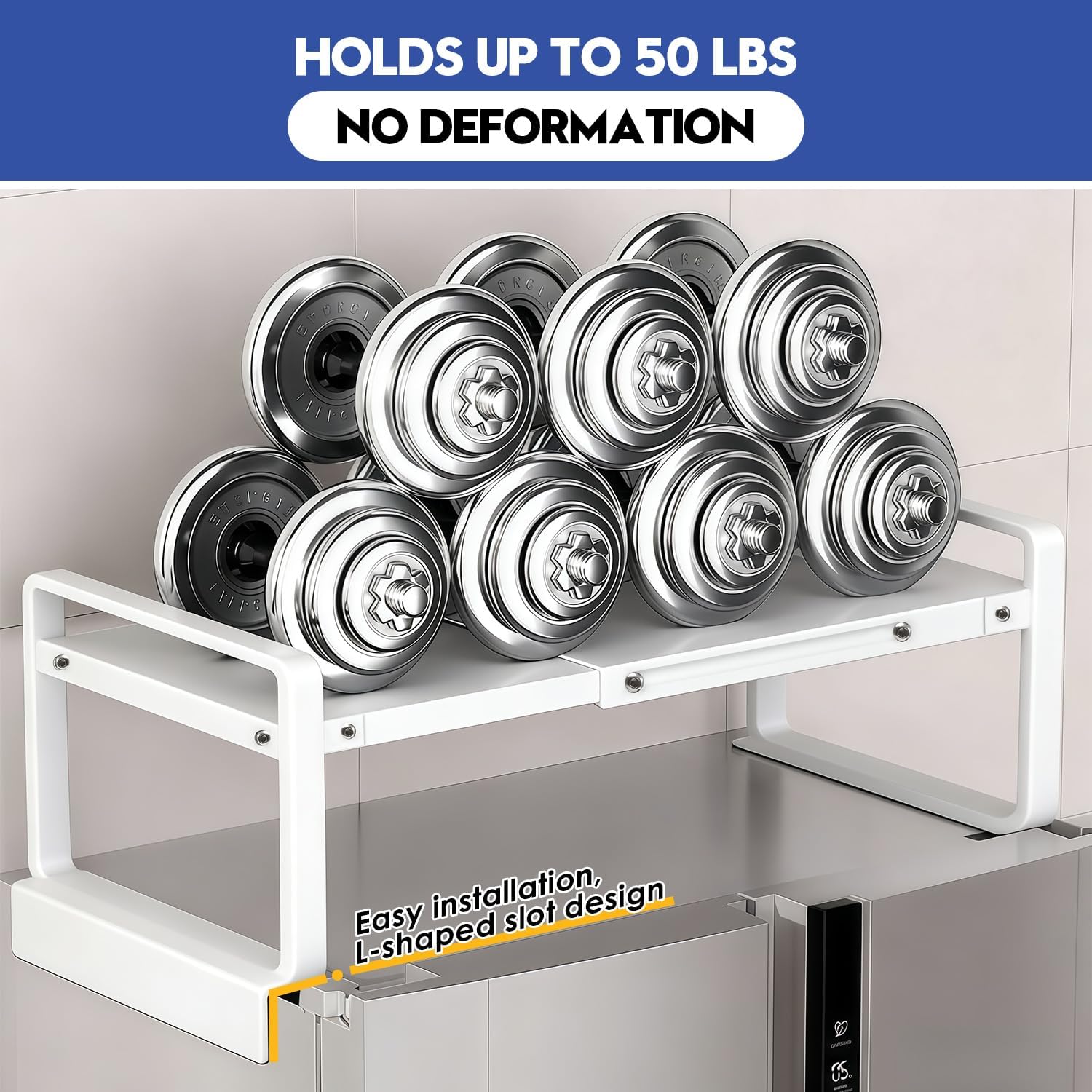(17-31.5 inches) Adjustable Refrigerator or Washer Top Storage Rack - Expandable Organizer Shelf, L-Shaped Protective Card Slot Design for Kitchen, Laundry Room, Dorm -Durable Metal Space Saver-White