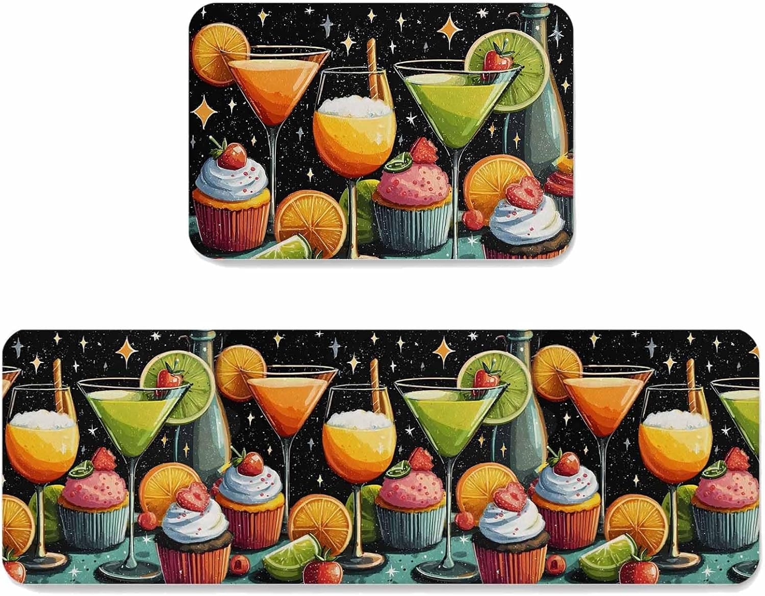 Summer Cocktails Kitchen Mat Set 2 Pieces Cake Strawberry Fruit Dreamy Starry Sky Abstract Non Slip Kitchen Rugs Washable Runner Rug Mats for Floor Sink Laundry Office 19.7" x 31.5"+19.7" x 47.2"