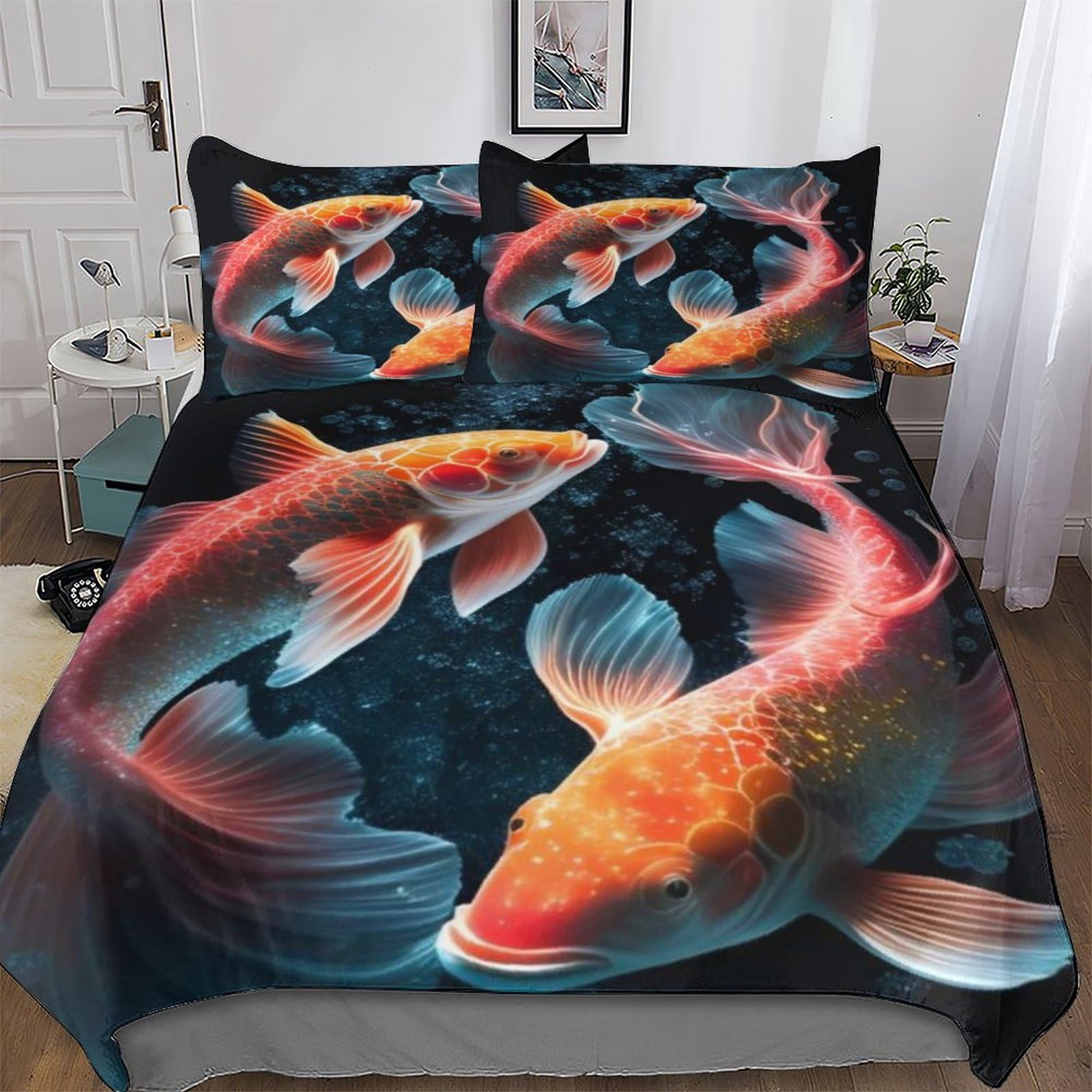 Parure de lit poisson avec housse de couette king size 220x240 et taies