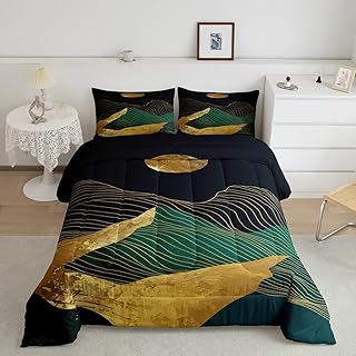 Erosebridal Modern Minimalism Comforter Set Queen Abstract Landscape Bedding Mid Century Bedding Sets & Collections Rustic Farmhouse Duvet Black and Gold Bed Set for Teens Adults 3pcs 2 Pillowcases