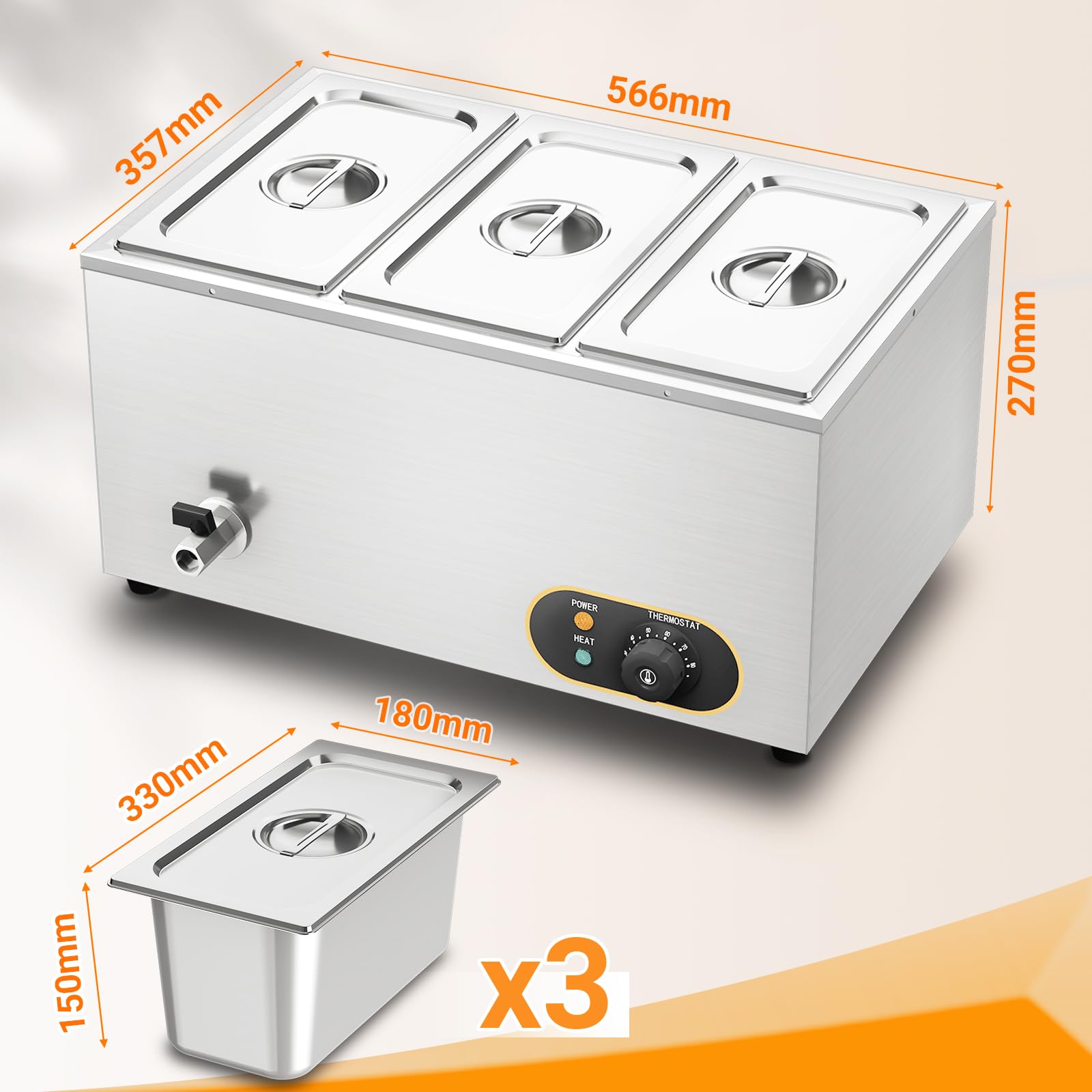 Bain Marie Électrique en Acier Inoxydable 1500W, 3X 1/3 GN Récipients avec Couvercle,Température réglable 30°C - 85 °C, Chauffe-Plats Buffet