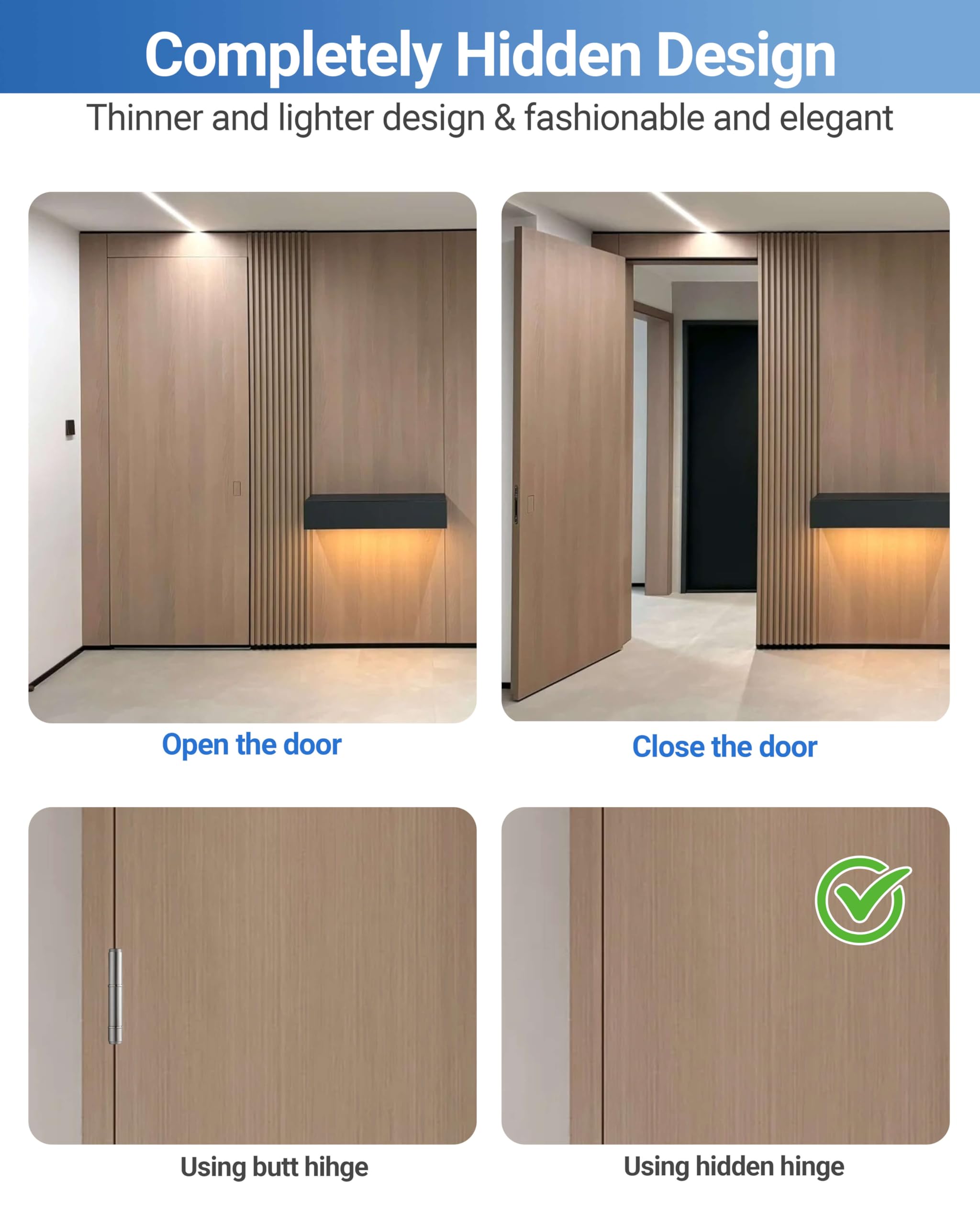 Bisagras de puerta invisibles (2 piezas) de bisagras ocultas plateadas de 7 pulgadas para puertas, 3 vías ajustables y oscilación de 180 grados y bisagra invisible de soporte de cobre mejorado,