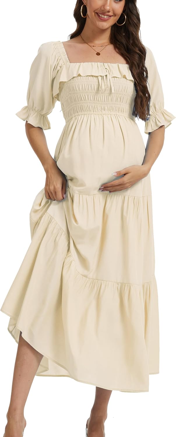 Half Sleeve Maternity Maxi Dress, Off-Shoulder Ruffled Elegant Flowy Baby Shower Photoshoot Dresses