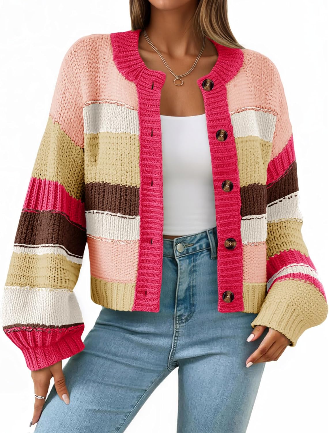 Saodimallsu Womens Striped Chunky Cardigan Sweaters Button Up Fall Trendy Color Block Long Sleeve Knit Sweater Coats