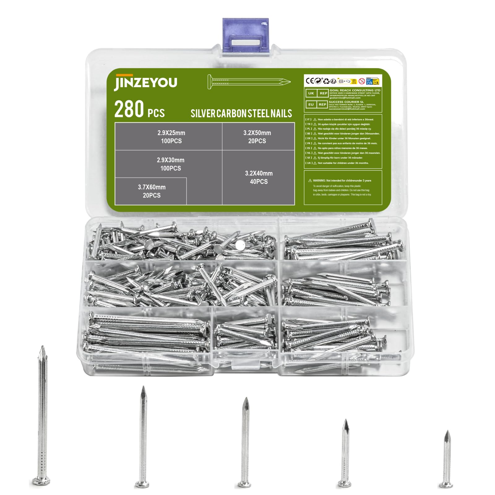 280 Pcs Wall Nails for Wood Nailss, Masonry Nails for Brick Walls, Assorted Picture Nailss, for Fixing Indoor Outdoor DIY Carpentry Fencing Fence Drywall Concrete Wall Nail Set (280, white)