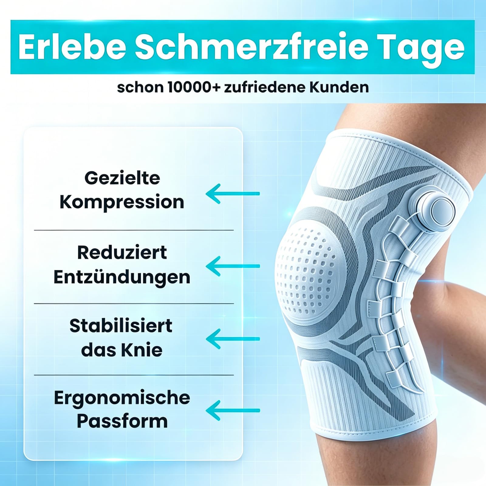 VILAO Kniebandage mit Drehverschluss, Patellarschutz, 3D-Kompression & Rutschfest für Alltag, Büroarbeit, Laufen, Wandern, Fitness & Sport zur Gelenkunterstützung (2 Weiß,M)