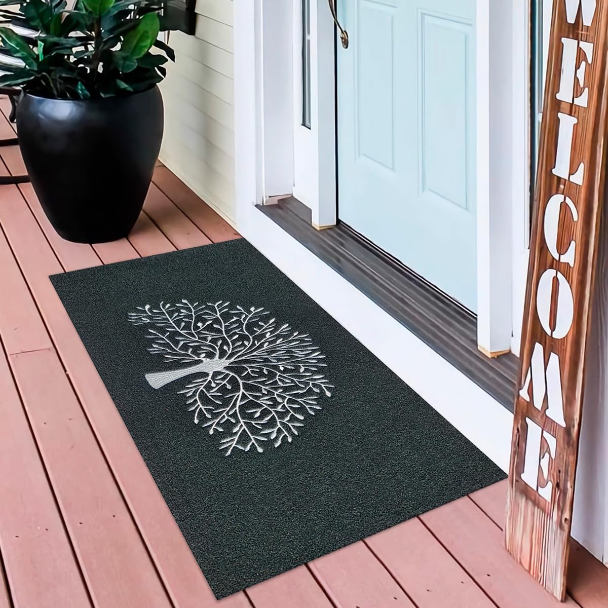 AOAOPQ Grand paillasson d'intérieur - 45 x 120 cm - Arbre de Vie - Lavable - Anti-saleté - Antidérapant - Absorbant - pour entrée, terrasse, intérieur et extérieur - Noir