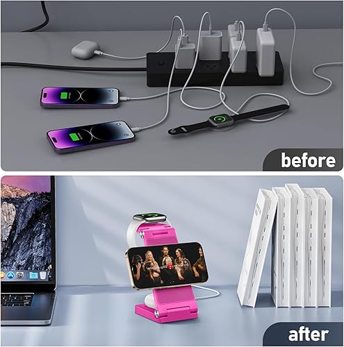 Miniatura 6 de Soporte de cargador inalámbrico magnético, estación de carga inalámbrica plegable 3 en 1, cargador de viaje para múltiples dispositivos para iPhone