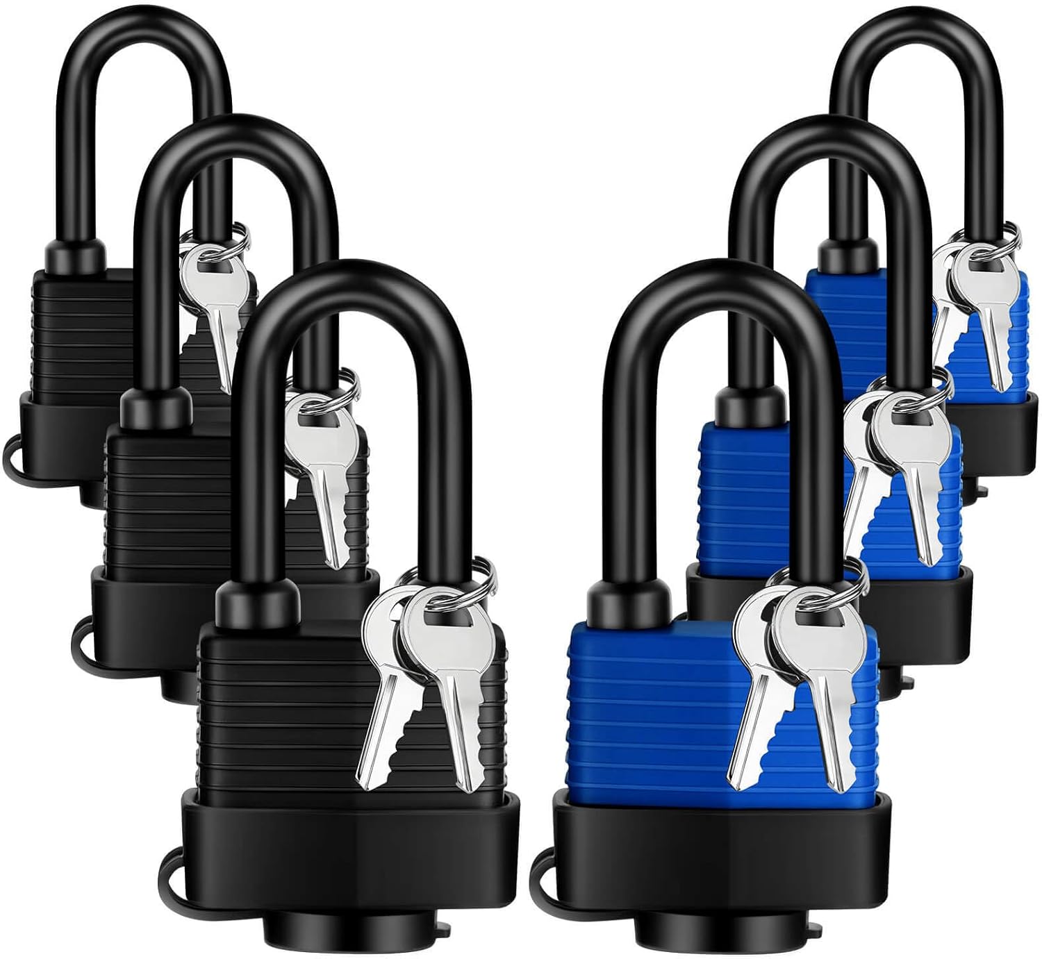 Waterproof Padlocks Keyed Alike for Outdoor Use, Covered Heavy Duty Laminated Steel Lock, Weatherproof Pad Lovk with Same Key for Gate Fence Storage Gym Locker Shed Truck (3 Blue/3 Black)