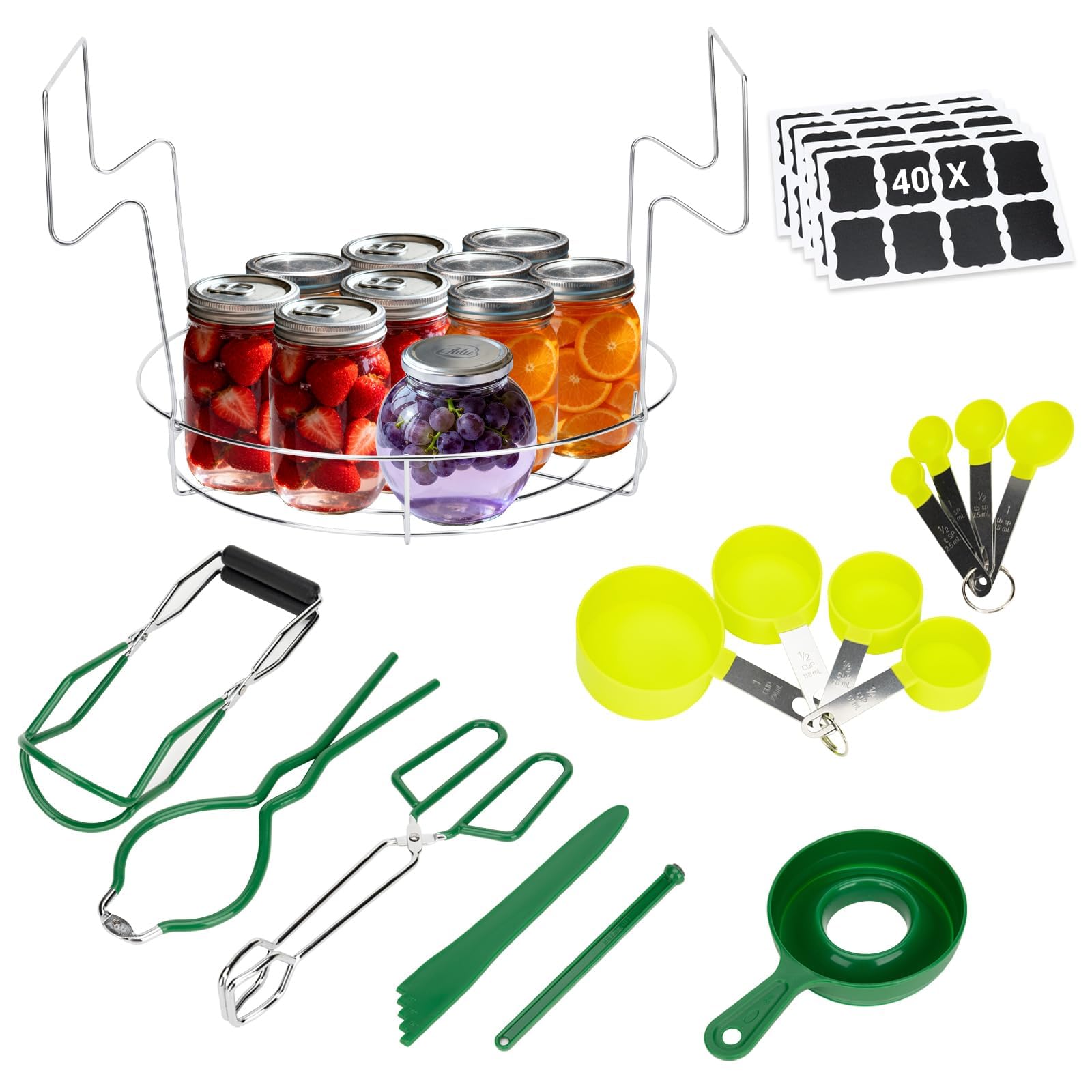 Canning Kit with 15 Pcs Canning Supplies – Including Canning Rack, Jar Lifter Tongs, Wide-Mouth Funnel, Chalk Labels &amp; More for Jams, Pickles, Preserves