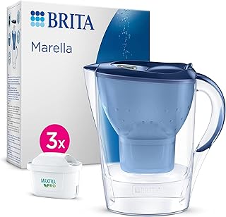 BRITA Jarra con Filtro de Agua Marella Azul (2,4 l) Incl. 3x Cartucho MAXTRA PRO All-in-1 - jarra adaptable al frigorífico con LTI digital y tapa abatible que reduce cloro, cal e impurezas.