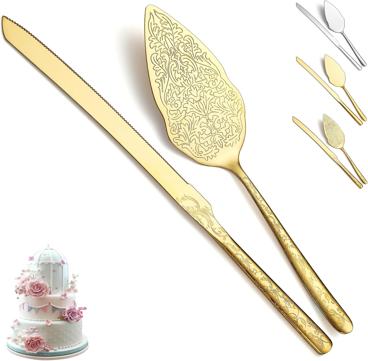 Evanda Gold Wedding Cake Knife and Server Set 2 Pieces, Titanium Gold