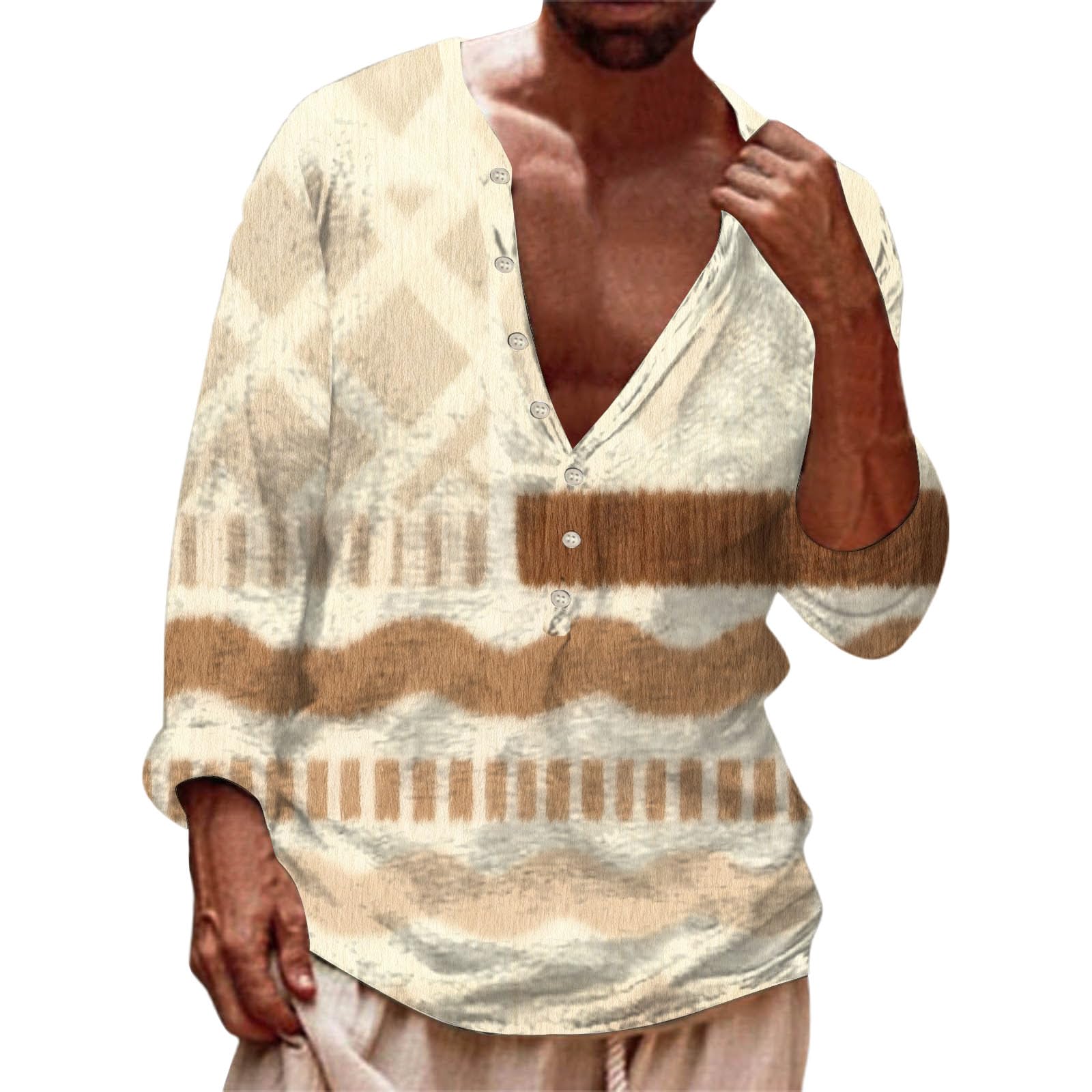 Generico Camicia Uomo con Cappuccio A Bottoni Maniche Lunghe, Tessuto Leggero Traspirante Taglio Ampio Stile Boho per La Spiaggia