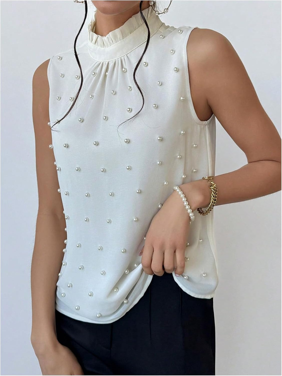 Floerns Women's Elegant Ruffle Mock Neck Pearl Beaded Blouse Sleeveless Office Shirt Top - Image 4