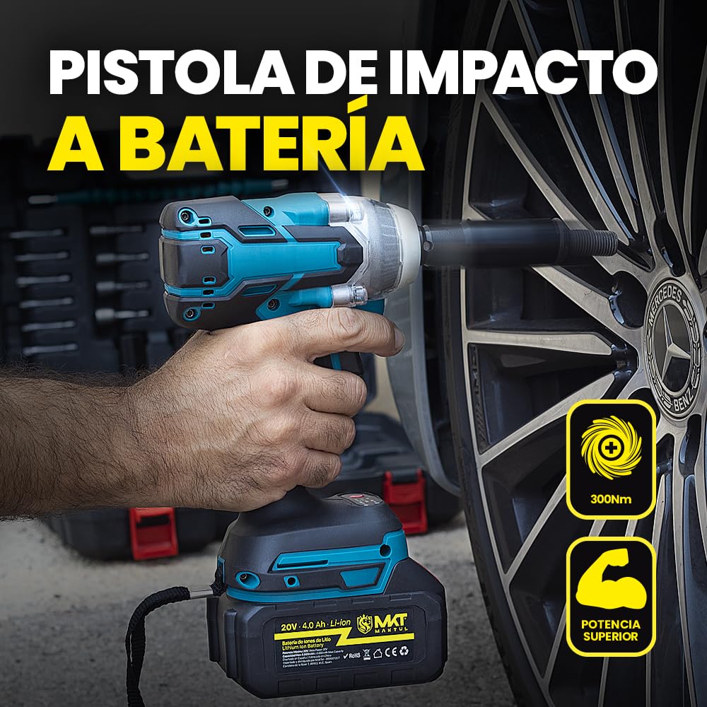 MAKTUL Pistola de Impacto Potente a Batería 1/2'' Torque, 2 Baterías 4000mAh 20V 300Nm, Taladro Atornillador Destornillador Eléctrico Inalámbrico con Accesorios para Coche Bicicleta