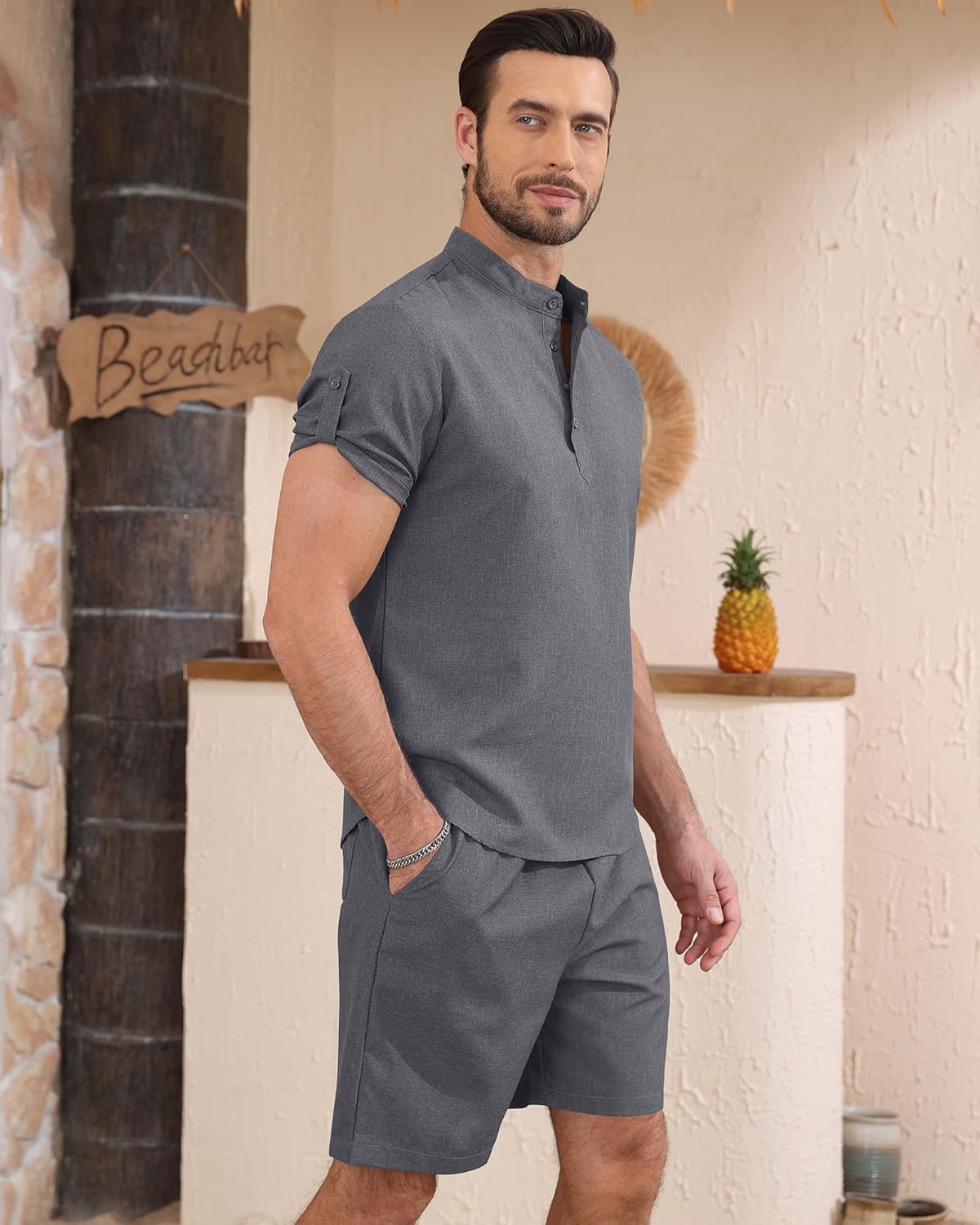 YTD Men's 2 Pieces Set Short Sleeve Henley Shirts and Shorts Texture Summer Beach Vacation Outfits - Image 4