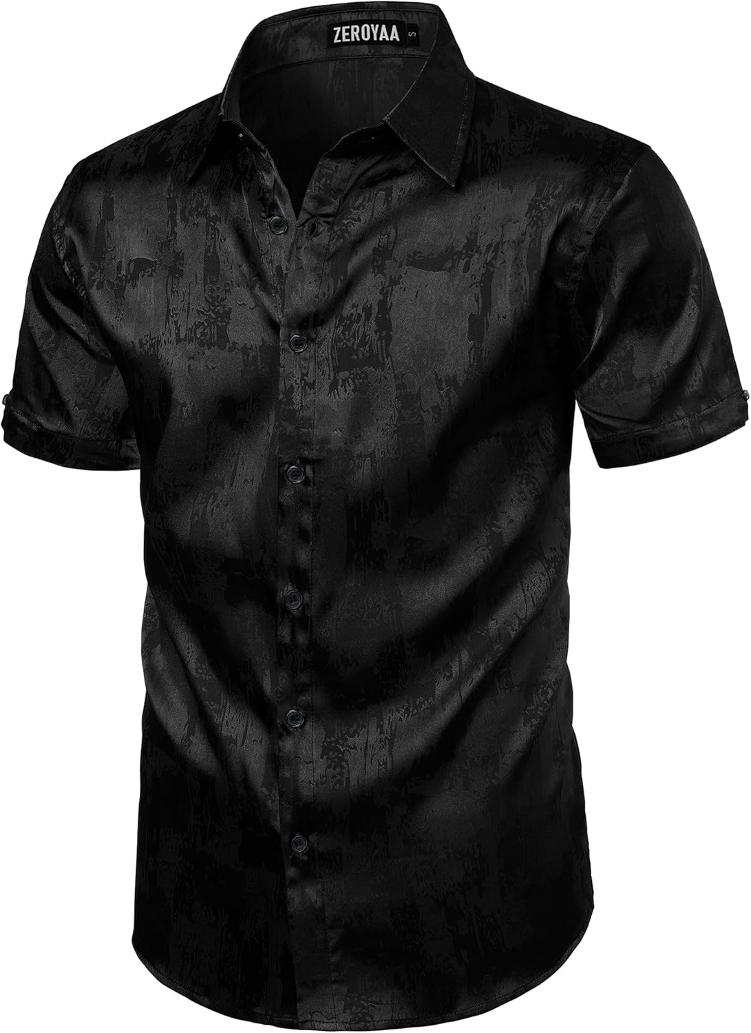 ZEROYAA Men's Shiny Luxury Silk Satin Jacquard Dress Shirt Short Sleeve Button Up Shirts for Party Prom - Image 2