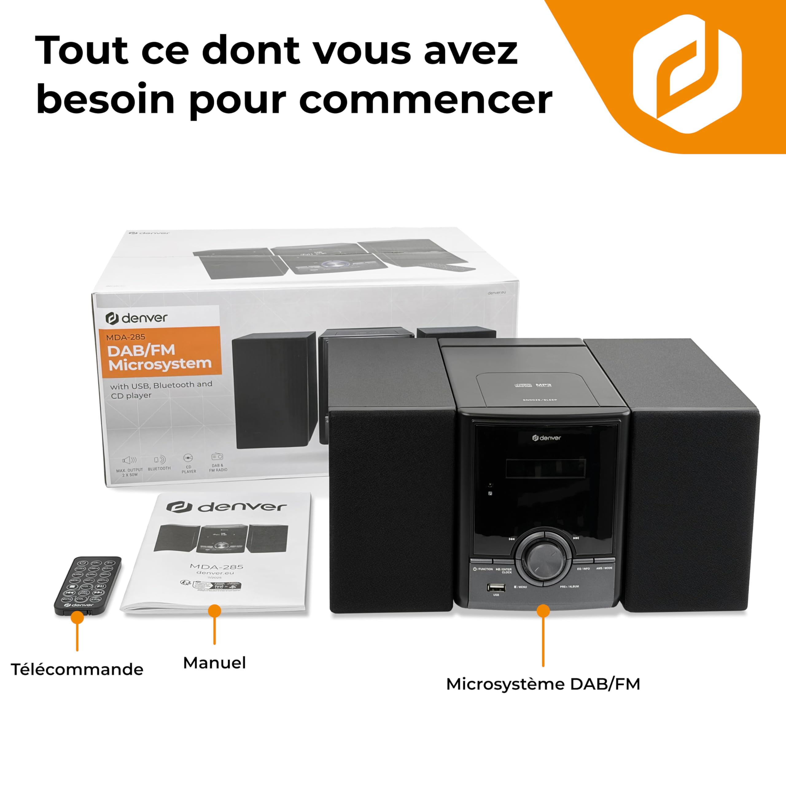 Denver MDA-285 Micro-chaîne Dab+/FM avec Bluetooth 5.0, CD, USB MP3, AUX, Double Alarme, 2 x 5 W RMS, télécommande | 2 x 50 W max, 2 x 5 W RMS, MP3, double alarme, minuterie de sommeil, télécommande, écran LCD