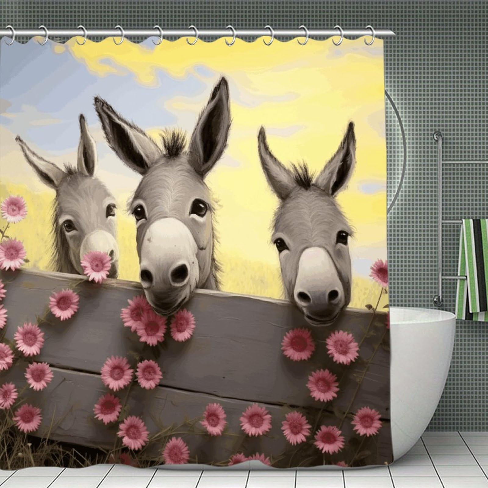 VstaDank Donkey and Flower Shower Curtain Waterproof Bathroom Curtain with Hooks Luxury Weighted Bath Curtains for Bathtubs Showers Room Dividers Decorative Shower Curtains 71x71 in