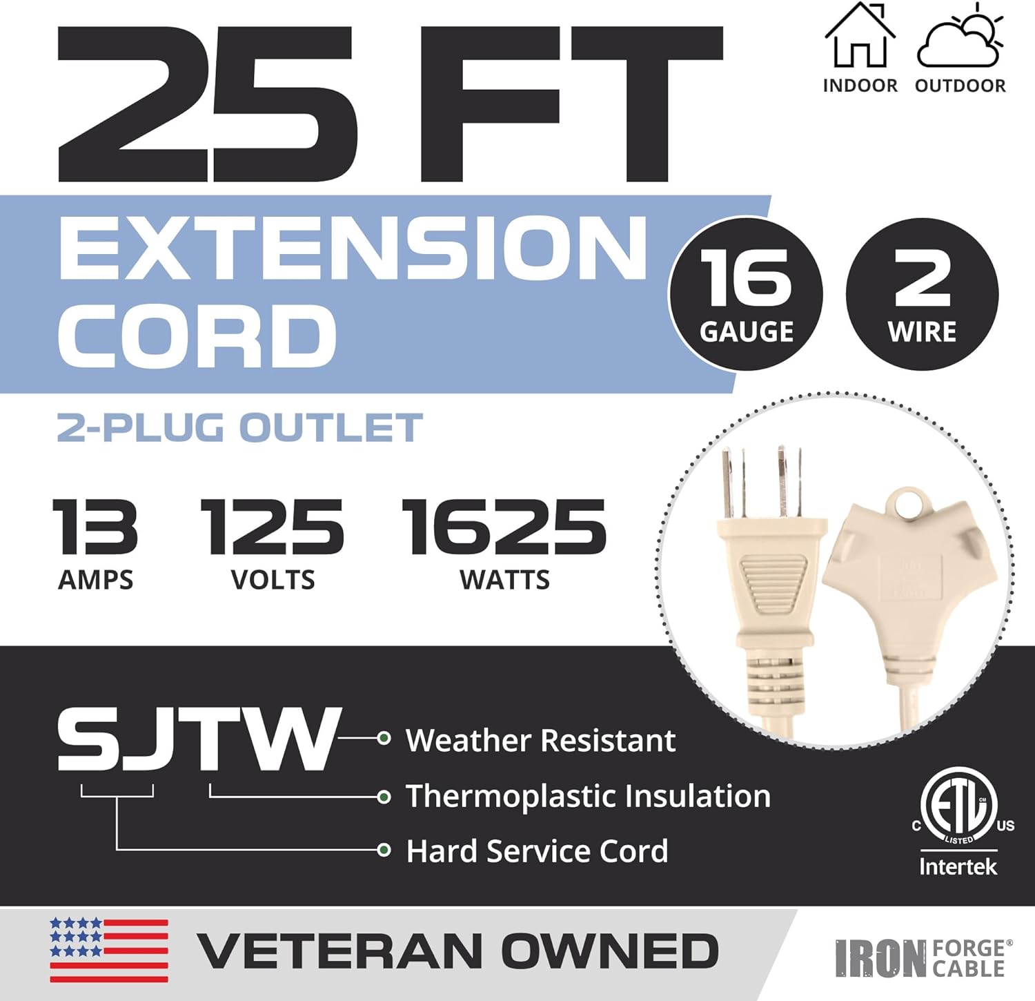 Iron Forge Cable 2 Prong Outdoor Extension Cord 25 ft with 2 Outlets - 16/2 SJTW, 13 Amp 25ft Beige Tan Extension Cord with Multiple Outlets