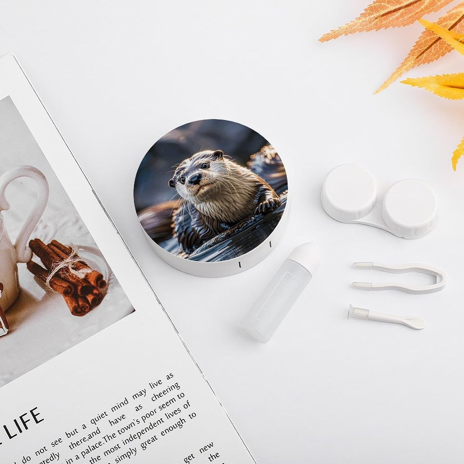 Otters Contact Lens Case Portable Contact Lens Applicator Removal Tool Kit Cute Round Eyeglass Cases with Mirror for Daily Vision Care And Outdoor Use