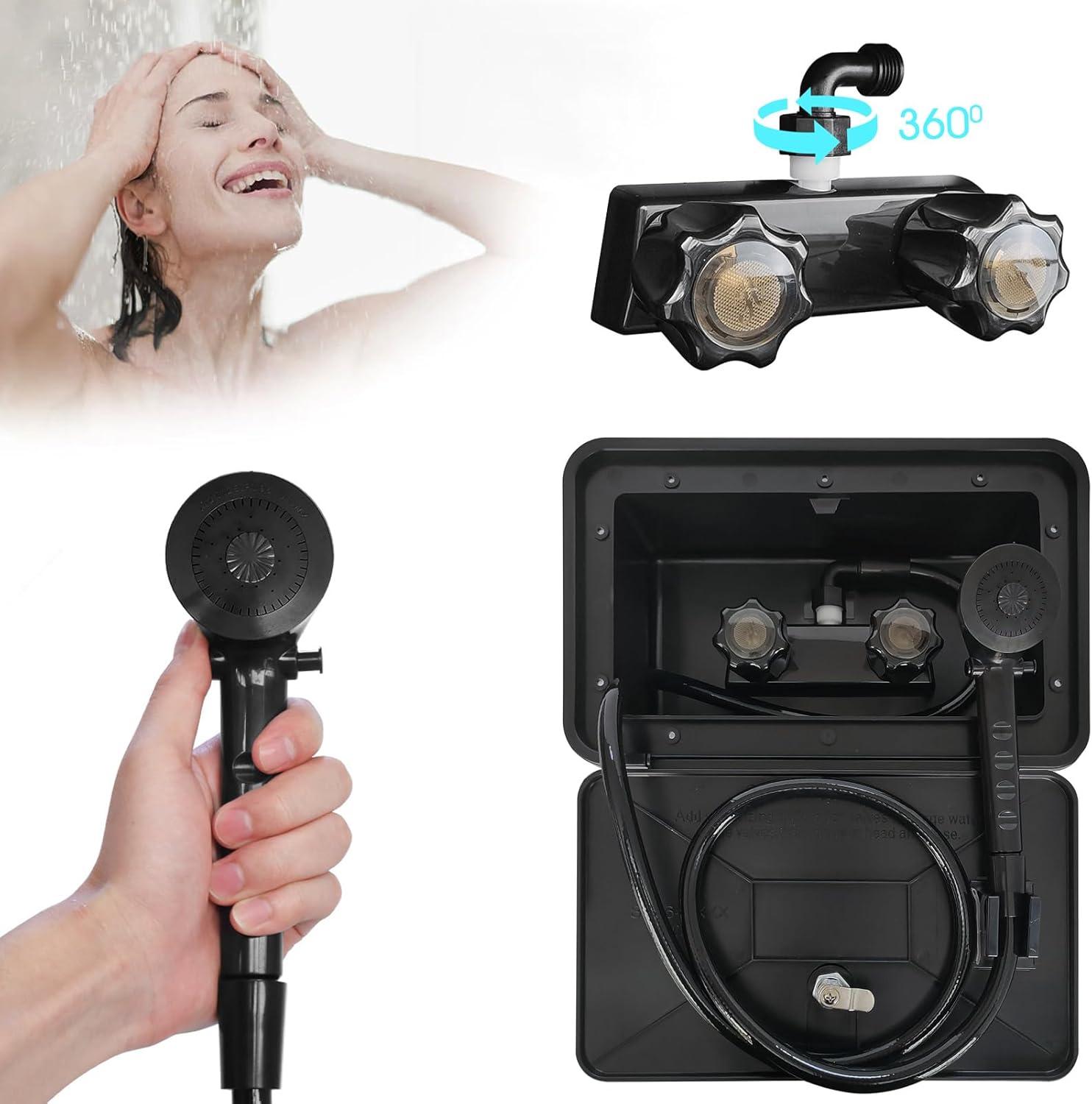 RV Exterior Shower Box Kit RV Outdoor Shower with Camper RV Outside Showers Faucet Valve + Coiled Hose + Sprayer Head + Lock, Replacement for Camper,Van,Travel Trailer,Motorhome and Boat,Black