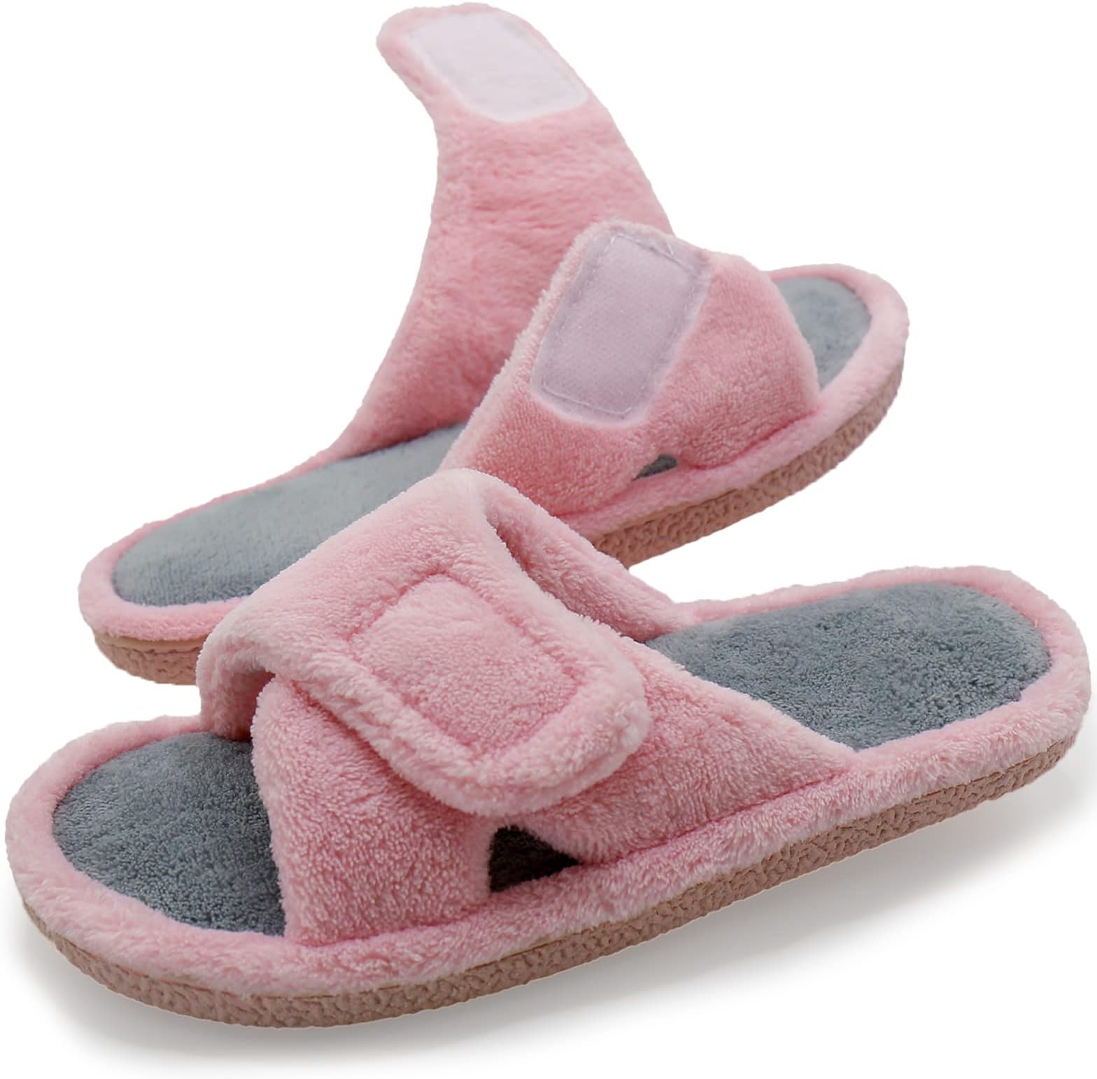 Adjustable House Slippers for Women Memory Foam Soft Indoor Shoes Coral Fleece Lined Open Toe Home Slip on Slides Sandals All Seasons