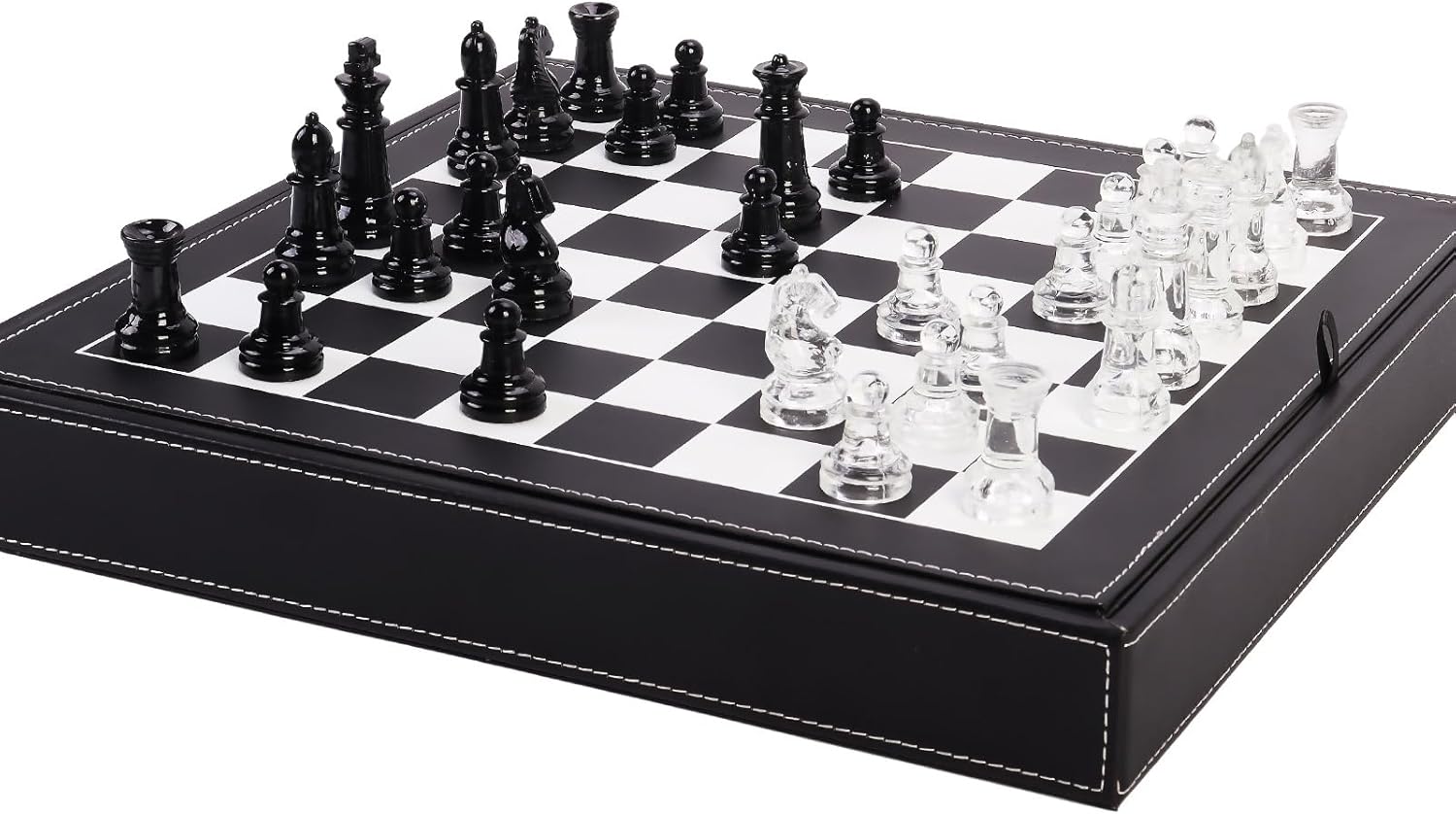 Glass Chess Set Game, 2 Extra Queens, with 13.2" Leather Storage Box and Chessboard,Board Game for Kids and Adults