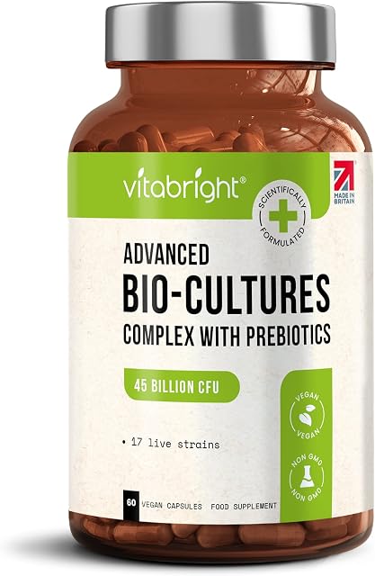 Bio Cultures Complex Pre and Probiotics - 45 Billion CFU Vegan Time Release Capsules - 17 Live Bacteria Strains  High Strength Advanced Probiotic Supplement - Made in UK by VitaBright