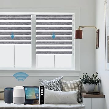 SmartWings Motorized Zebra Shades Work with HomeKit, Alexa, Google Home, 85% Blackout Light Filtering Day Night Sheer Blinds, Privacy Light Control, for Home/Office, Customized, Light Grey