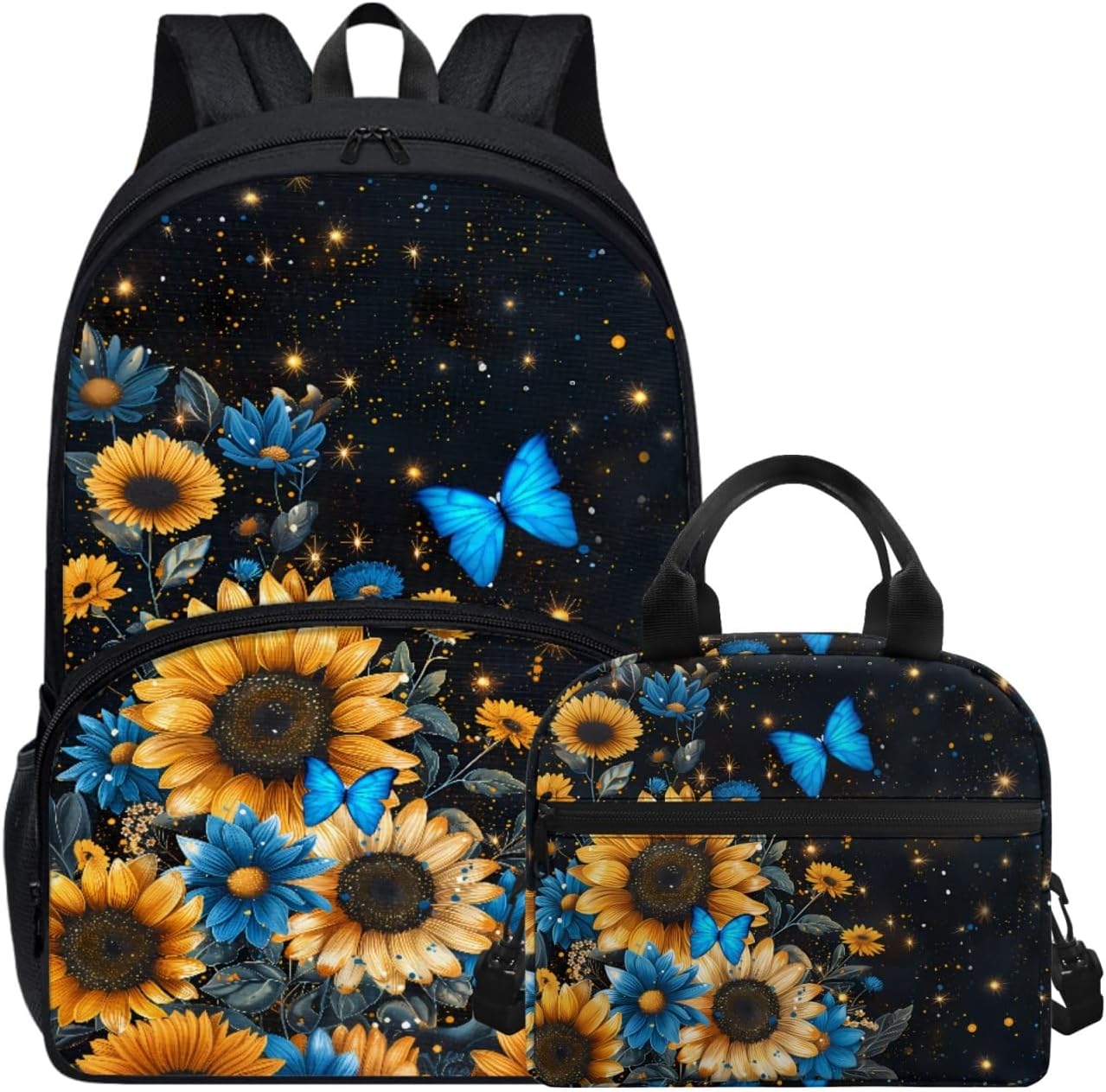 Children School Backpack Set 2 in 1 Schoolbag Sunflower Butterfly Bookbag Set with Insulated Lunch Portable Bag Laptop Rucksack Knapsacks
