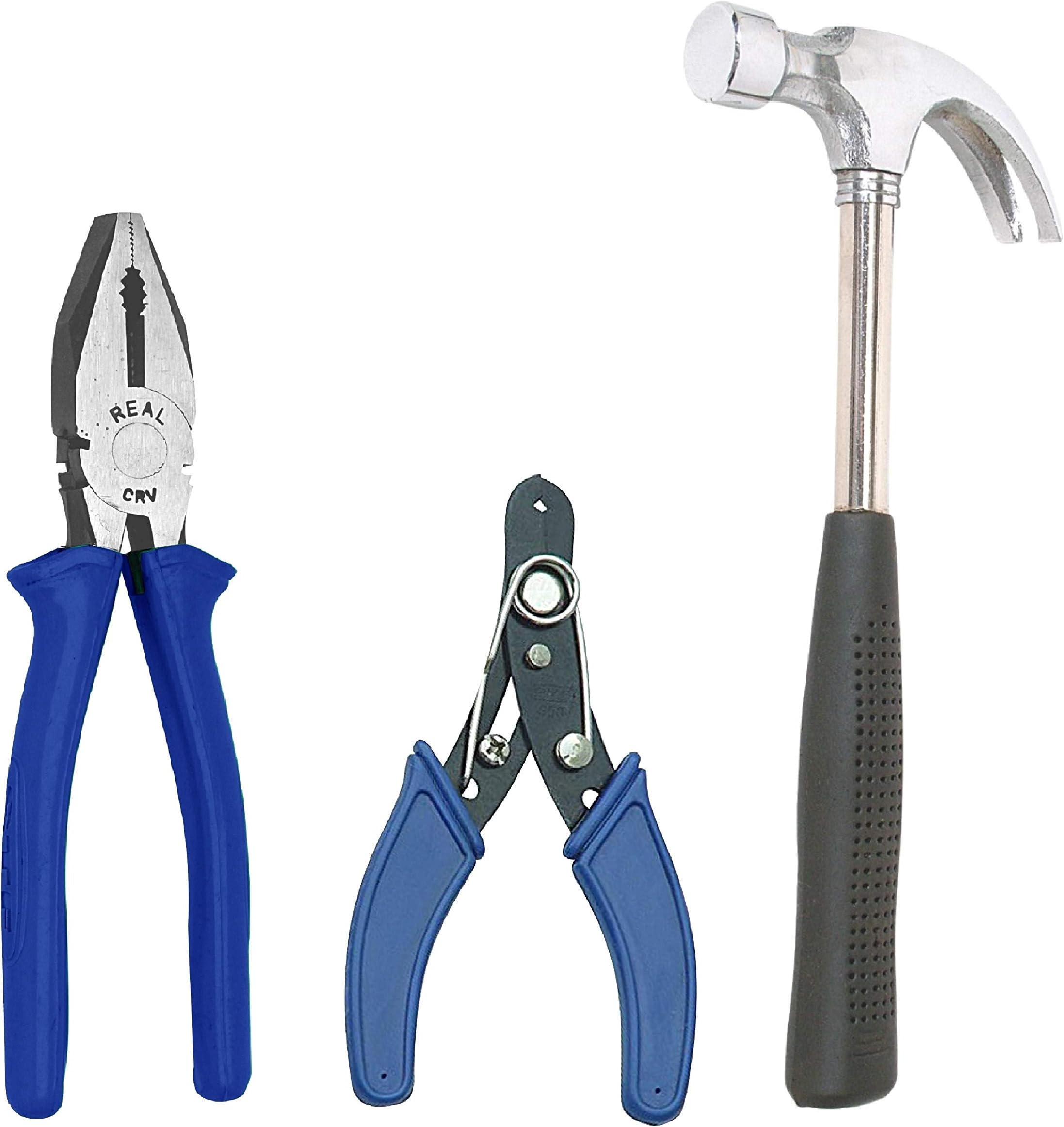 Multi 3 Pieces Combination Cutting Plier 8", Claw Hammer Steel Shaft 1/2 lb, Wire Stripper 6" Hand Tool Kit