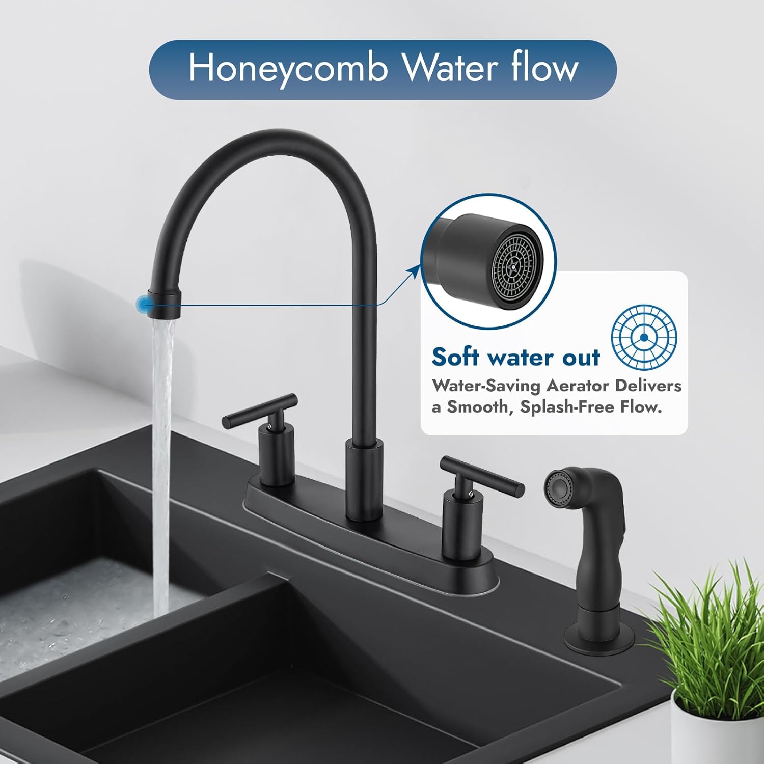 Kitchen Faucets, High Arc 360°Rotating Spout Kitchen Sink Faucet 2 Handle 8 Inch Centerset RV Kitchen Faucet with Supply Lines, 3 Hole Kitchen Faucet with Side Sprayer, Matte Black - Image 2