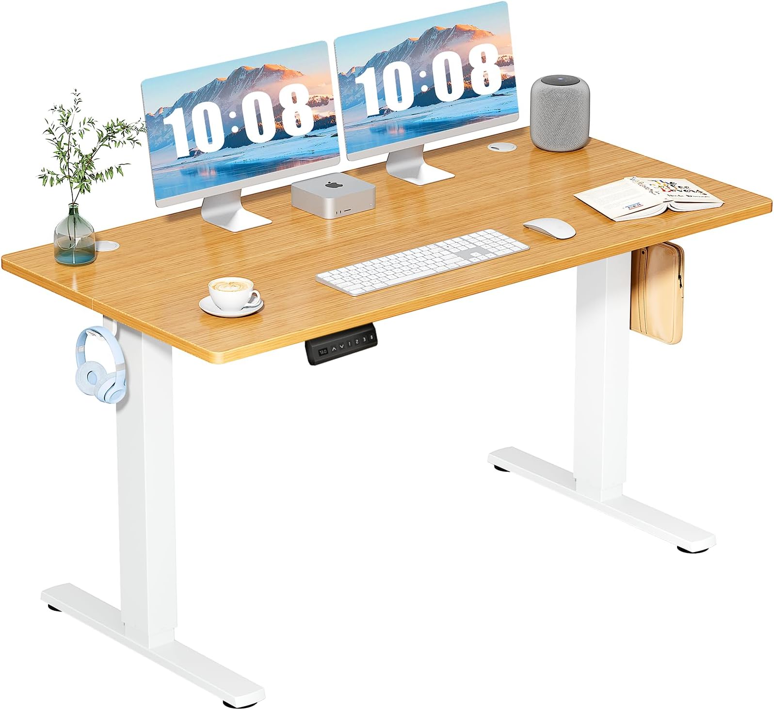 DUMOS 55 Inch Electric Standing Desk Height Adjustable, Sit to Stand Computer Workstations Large Work PC Table Home Office Writing Gaming Desks with Memory Presets for Walking Pad, Bedroom, Oak