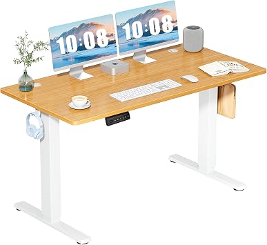 DUMOS 55 Inch Electric Standing Desk, Memory Adjustable Home Office Desk | Sit Stand Up Desk for Work Home Office,Adjustable Desk, Rising Computer Table with Splice Board,Cable Management,Hook,Oak