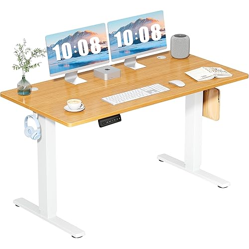 DUMOS 55 Inch Electric Standing Desk Height Adjustable, Sit to Stand Computer Workstations Large Work PC Table Home Office Writing Gaming Desks with Memory Presets for Walking Pad, Bedroom, Oak