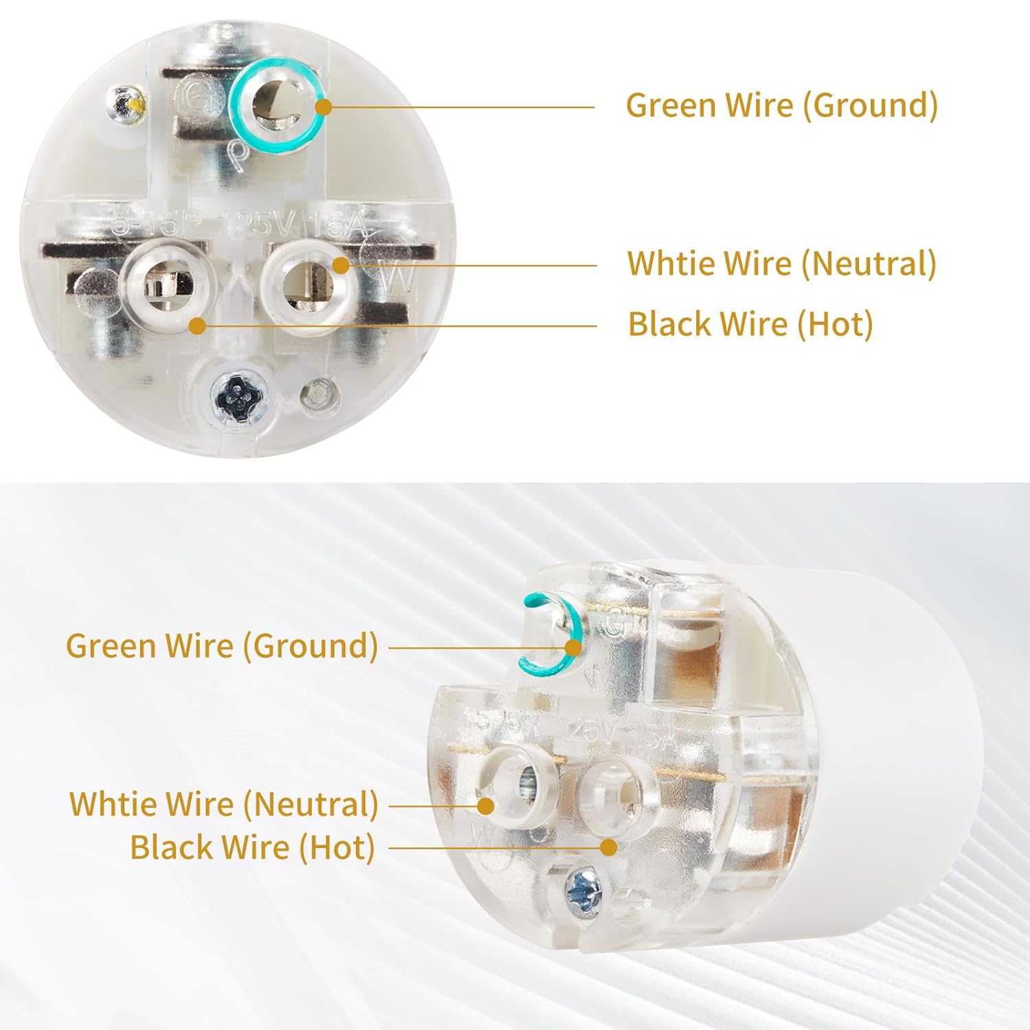 Extension Cord Ends Male and Female 5 Set, 15 Amp 125 Volt NEMA 5-15 Heavy Duty Replacement Plug and Connector Set, Industrial Grade 3-Prong Straight Blade Grounding Type, 2P 3W ETL Listed
