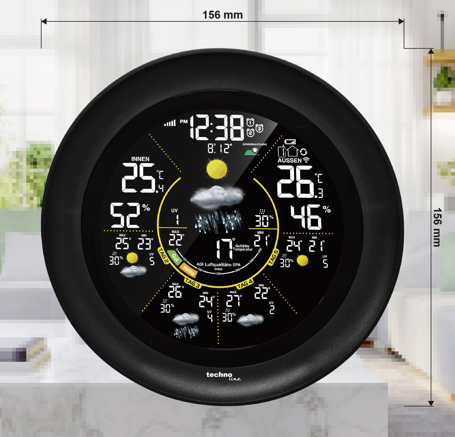 techno line WD 3040 WLAN Wetterstation mit Außensensor | 5-Tage-Wettervorhersage | Farbdisplay | Innen-/Außentemperatur | Luftfeuchtigkeit | UV-Index | AQI Luftqualität | App-Steuerung