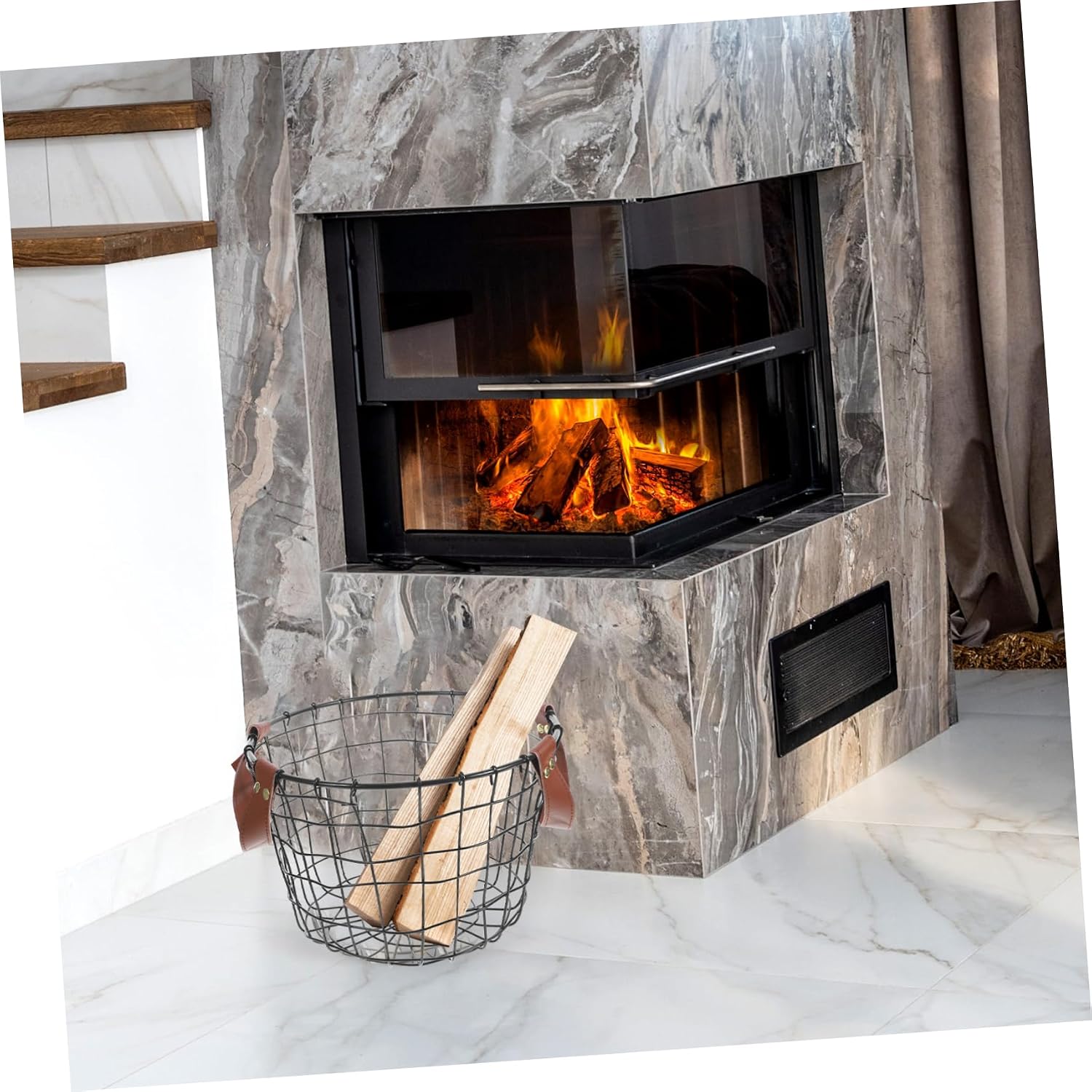 Outdoor Logging Basket Metal Firewood Holder with Handle, Black